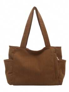 Large Capacity Corduroy Tote Bag, Casual Shoulder Bag With Side Pockets, Lightweight For Work, School, Travel & Daily Commute, Versatile Solid Color Handbag - Multicolor - View 16
