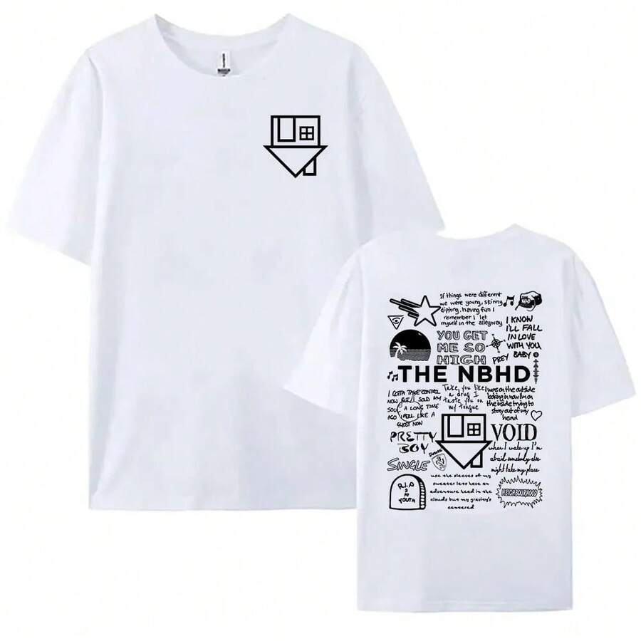 Women's Short-Sleeved T-Shirts, Round Neck, 100% Cotton, Streetwear Style, With Abstract Graffiti Print And Brand Logo, Casual Round Neck T-Shirt, Soft And Breathable Cotton, Ideal For Everyday And Fashionable Outfits, Black Color. - 白色 - 查看 1