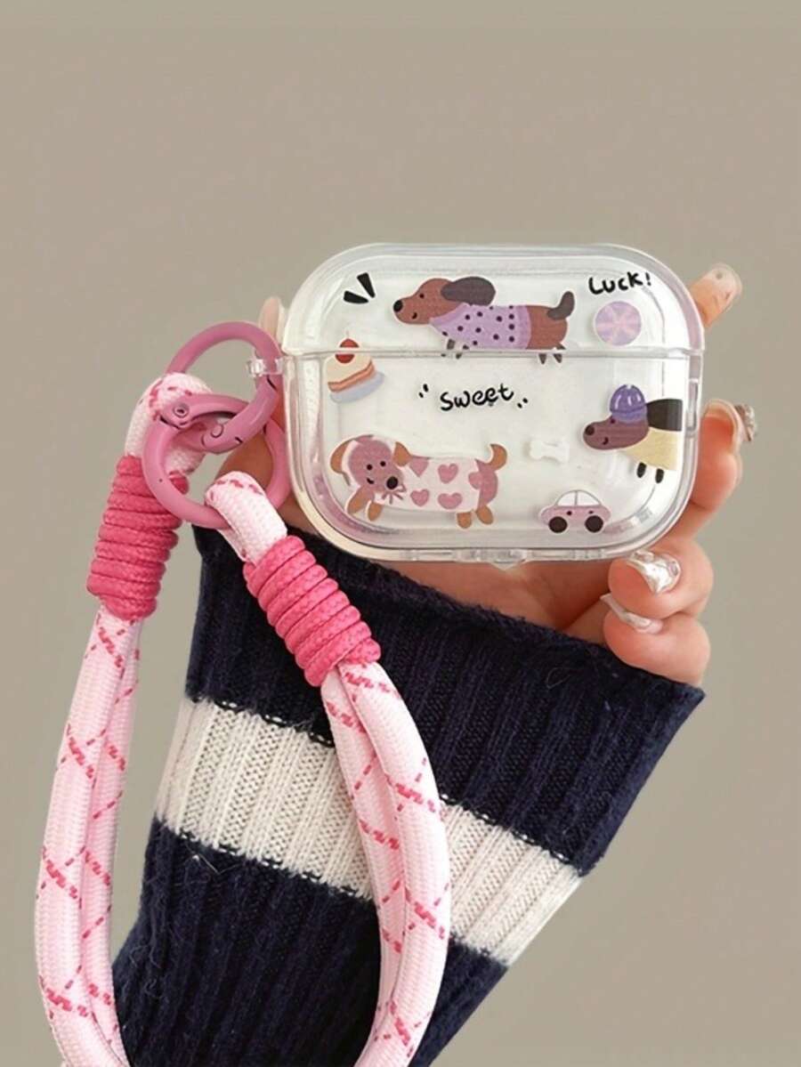 Cute Dachshund Dog Earphone Case/Protective Cover For 1/2/3 Generation, For Pro, For Pro2, For 4, 1 Protective Shell With 1 Hanging Chain - Lucky Dachshund + Pink Rope - View 1