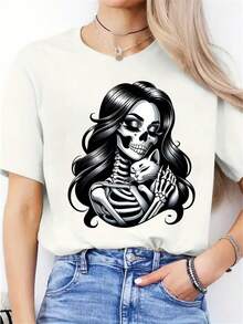 Cute Skull, I Love My Cat, Edition, Novelty Print, New Women's Casual Crew Neck Sports T-Shirt - 白色 - 查看 12