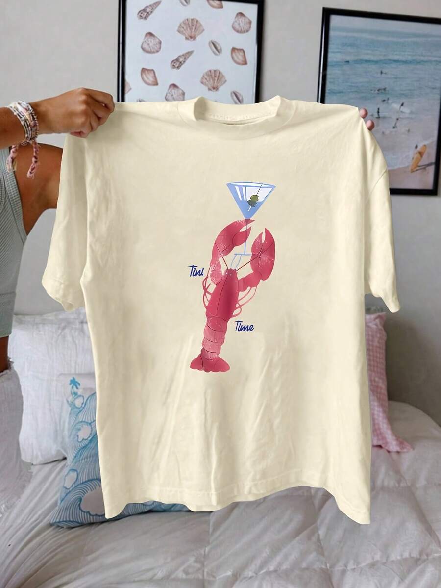 Camiseta premium con estampado de castor rojo, top casual de manga corta y cuello redondo, diseño de dibujos animados, longitud regular, colección de verano, ecológica. - Albaricoque - Ver 1