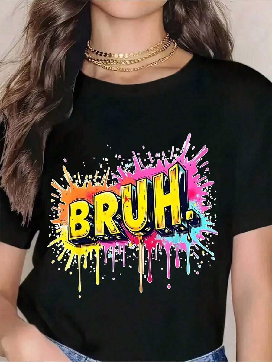 Cool T-Shirt For Women, BRUH Casual T-Shirt, Fun Graphic Tee For Women And Men, Casual Hip Hop Streetwear, Colorful Spray Paint Design, Ideal Gift For Birthday Parties Or Everyday Wear. - 黑色 - 查看 1