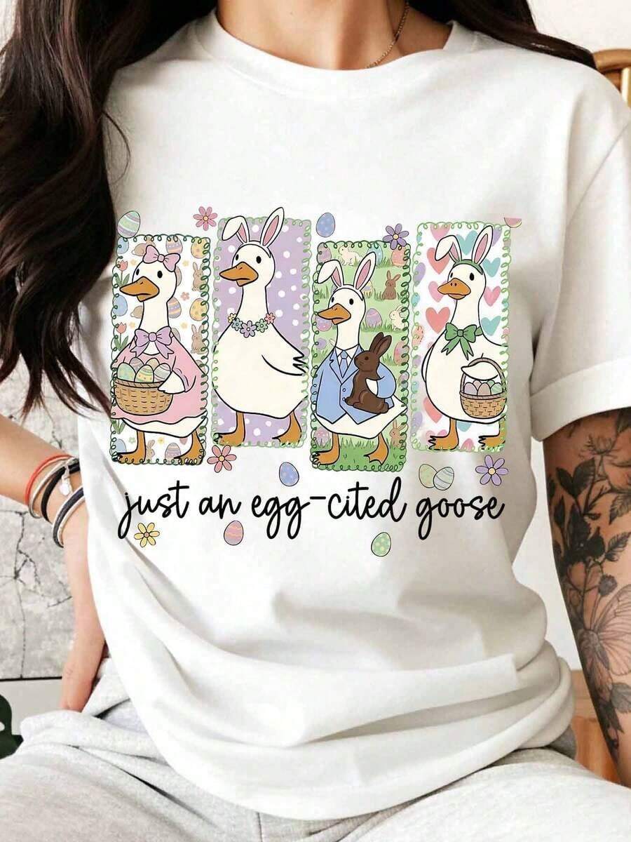 Women's T-Shirt With Fun Easter Print: "Just An Egg Cited Goose Easter Duck", Casual T-Shirt For Her, Easter Gift, Easter Party Outfit, 100% Pure Cotton, Women's T-Shirt - 白色 - 查看 1