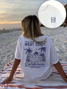Women's 100% Cotton T-Shirt With A Sun And Beach Print Of West California, Perfect For Summer, The Beach, Music Festivals, And Vacations. It Features A Retro American Graphic Design, Making It A Great Summer And Casual T-Shirt, Ideal For Women's Vacations, With A Fun And  Design. - 白色 - 查看 8
