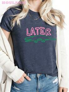 Women's Crocodile Print T-Shirt "Later Gator" | Spring Tops, Plus Size Short Sleeve T-Shirt, Women's Clothing, Summer Clothes For Women - 藏蓝色 - 查看 2