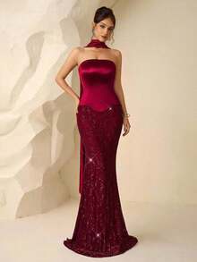 Vestido de Noche Formal Elegante con Lentejuelas y Diseño de Parches sin Tirantes para Mujer de Coutiva - Burdeos - Ver 4