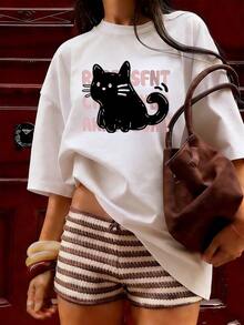 Funny Black Cat T-Shirt With Pink Text Background,  Short-Sleeve T-Shirt For Spring/Summer 2026, Made In Mexico, 180 Grams. Cartoon Print, Couple Design, Suitable For Indoor Or Outdoor Wear. Crew Neck, Unisex, Ideal For Office And Leisure. One-Pack. - WH-P631577SLNDXZGY640 - 查看 3