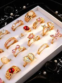 10Pcs/Lot Exquisite Fashion Pink Rhinestone Women's Rings, Elegant Butterfly Heart Jewelry Accessories For Romantic Dates Daily Wear Gift(No Box) - 10-piece Pink Rhinestone Cat's Eye Ring - View 8