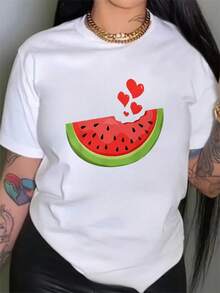 Women's Round Neck T-Shirt With A Watermelon Print, Casual And Elegant, Comfortable Fit, Suitable For All Seasons, Machine Washable. Perfect For Elegant Parties, Stylish Ladies, And Curvy Women. Pairs Well With Prom Skirts Or Casual Wear. Features An Adorable Animal Print, A Fun Letter Print, And Streetwear Style. - 白色 - 查看 4
