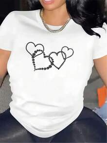 1 camiseta de poliéster estilo restaurante con diseño de corazón de pedrería, hecha de tela ligera y duradera, de ajuste cómodo, adecuada para cenas informales y uso doméstico, una prenda de moda para el uso diario de las mujeres, 180g Algodón 100%. - Blanco - Ver 1