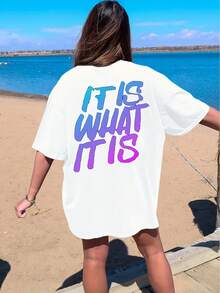 Camiseta de Verano de Talla Grande para Mujer, de Manga Corta, Corte Holgado y Moderno - Negro - Ver 5