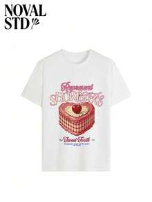 1 Piece Of Women's White Short-Sleeved T-Shirt With A Round Neck, Casual, Loose And Multifunctional Style, With A 'Short Cake Sweetheart Company Cake Print Red Cherry Heart Stripe' Print, Ideal For Everyday Wear. 180g 100% Cotton. - 白色 - 查看 3