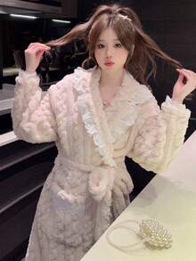 Lace Trim Robe, Tie Waist Bathrobe, Comfortable Coral Fleece Material, Soft Plush Long Robe, Thick Kimono Robe, Warm Loungewear Jacket, Sexy Lace Trim Robe - Multicolor - View 2