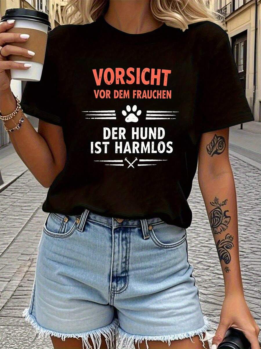 Women's T-Shirts, "Vorsicht Vor Dem Frauchen Der Hund Ist Harmles" Letter Print T-Shirt, Casual Short Sleeve Round Neck Top For Summer And Spring, Women's Clothing, Casual Blouses For Ladies - 黑色 - 查看 1