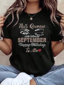 Women's Basic Short-Sleeve T-Shirt With "This Queen Was Born In September Happy Birthday To Me" Print, Casual Top For Birthday Celebrations, Comfortable Fabric, Perfect As A Gift. Mexican Cultural Print T-Shirt - Moisture-Wicking Short-Sleeve T-Shirt For Everyday Wear. - 黑色 - 查看 1