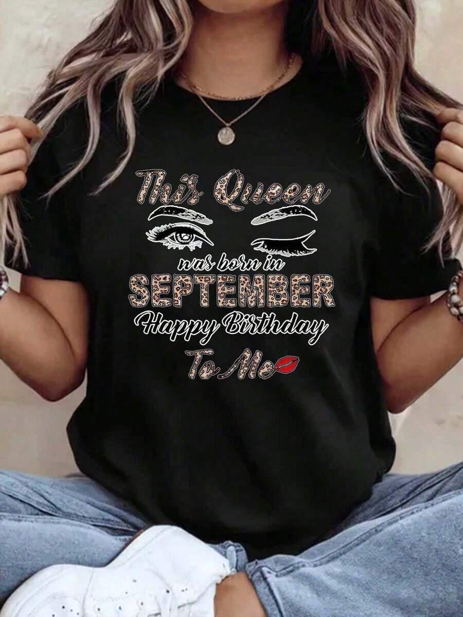 Women's Basic Short-Sleeve T-Shirt With "This Queen Was Born In September Happy Birthday To Me" Print, Casual Top For Birthday Celebrations, Comfortable Fabric, Perfect As A Gift. Mexican Cultural Print T-Shirt - Moisture-Wicking Short-Sleeve T-Shirt For Everyday Wear. - 黑色 - 查看 1