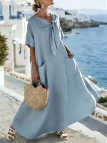 Holidaya Vestido casual y suelto de manga corta y longitud media para mujer, adecuado para ocasiones como vacaciones, playa, picnic, camping, actividades al aire libre y uso diario - Azul - Ver 4