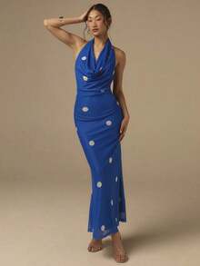 Vestido elegante de mujer con escote pronunciado y espalda descubierta con estampado de lunares, adecuado para primavera, vacaciones, playa, salidas, citas, fiestas y eventos de noche - Negro - Ver 3
