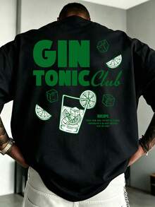 男士大尺碼寬鬆大號「GIN TONIC Club」調酒印花時尚休閒短袖T恤 | 精湛工藝 | 夏季必備單品 | 百搭易搭配，展現你的風格 - 黑色 - 查看 1