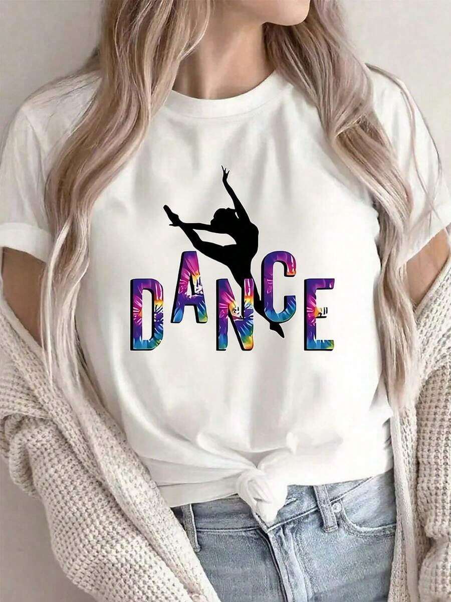 Women's T-Shirt With Dance Print, Colorful Lettering And Silhouette Design, Lightweight Polyester Crew Neck, Ideal For Gym, Studio Or Casual Wear, Comfortable And Stylish For Your Lifestyle. Women's Standard Size Casual T-Shirt Breathable Lightweight Short Sleeve Tee - 白色 - 查看 1