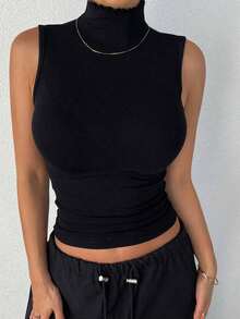 Camiseta casual de manga corta con cuello en V y ajuste ceñido para mujer, versátil y perfecta para el verano - Negro - Ver 2