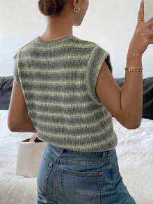 Camiseta casual de mujer de cuello redondo a rayas, de verano - Verde - Ver 2