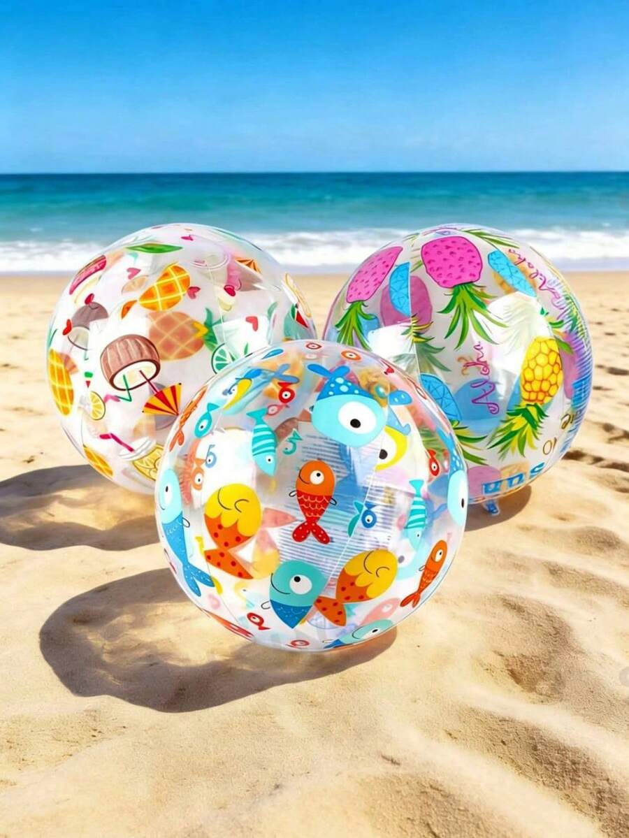 1pc Inflatable Beach Ball - Durable PVC Material, Tropical Fish, Pineapple & Starfish Pattern Multi-Color Mix, Suitable For Pool Parties, Outdoor Summer Fun Inflatable Pool Ball | Summer Vibes | Beach Accessories - Random Style - Multicolor - View 1