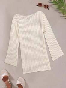 Vestido corto tipo capa de unicolor, informal, fresco, para vacaciones y playa, con adorno de encaje, de manga larga para mujer, para primavera/verano - Blanco lechoso - Ver 11