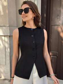 Chaleco camisa casual de mujer de un solo pecho con cuello redondo de unicolor - Negro 2 - Ver 8