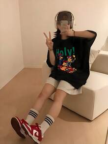Women's Short-Sleeved T-Shirt With A Cartoon Bear Print, Y2K Style, Loose Fit, Comfortable Clothing For Spring, Summer, And Autumn. Casual And Comfortable. Fashionable And Best-Selling Item R9GS - 黑色 - 查看 2