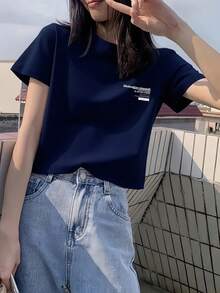 Y2K Women's Short Sleeve T-Shirt - Slim Fit Top With Cartoon Print, Semi-Sheer Round Neck, Medium Stretch Fabric For Spring, Summer, And Autumn, Casual T-Shirts, Summer Fashion, Slim Fit Tee - 海軍藍 - 查看 4
