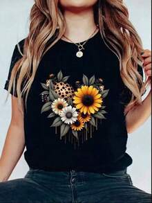 1 Pieza Camiseta 180g 100% Algodón Unisex Holgada. 1 Pieza Camiseta 180g 100% Algodón Unisex Holgada. Camiseta de mujer con estampado floral de girasoles, diseño de corazón en estilo bohemio, ideal para días casuales. Disponible en talla M, color negro, perfecta para primavera y verano. Ropa de mujer 2023. Cómoda y versátil para escuela, trabajo, salidas y eventos casuales Cómoda y versátil para escuela, trabajo, salidas y eventos casuales - Negro - Ver 1