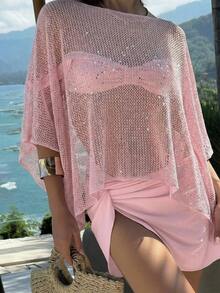 Elegante top de mujer de primavera/verano, de punto rosa, con cuello redondo, sólido, semitransparente, con capucha y detalles de lentejuelas calados, para uso casual, vacaciones y playa - Rosa - Ver 3