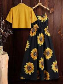 Clasi Women's 2-Piece Denim-Effect Shirt And Elegant Strappy Dress Set, Suitable For Work And Multiple Occasions, Spring, Summer, And Beach Vacation Outfits. Skirt And Blouse Set, Blue Denim Two-Piece Set For Easter. - 白色 - 查看 3