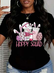Hoppy Nurse T-Shirt For Easter, White, With Bunny Ears And Medical Theme Design For Spring Celebration - Urban Vintage Style, Unisex, Cotton, Short Sleeve, Round Neck, 100% Cotton - 黑色 - 查看 3