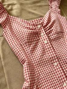 Blusa de mujer con volantes y rayas de solapa única - Rojo y blanco 2 - Ver 3