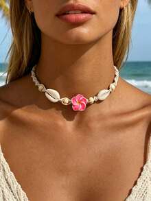 1pc Handmade Bohemian Style Pink Eggflower & Shell Necklace, Summer Beach Holiday Jewelry Accessory - Pink Necklace - View 6