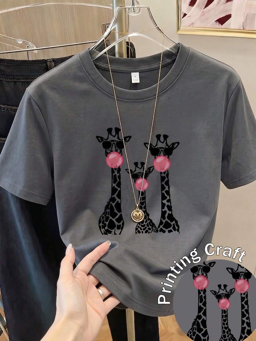 Women's Short-Sleeved Printed T-Shirt, Spring Clothing, Holiday Outfit, Black For Summer, Beach Look, Vacation Style, Country Style, Women's Office Outfit. - 深灰色 - 查看 1