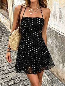 Damen Schwarzes Polka Dot V-Ausschnitt Ärmellos Mini-Kleid, Elegant Strandurlaub, Party Musikfestival Valentinstag Date Romantisch - Schwarz - Übersicht 3
