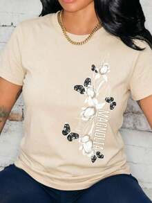 Camiseta con estampado de camisa casual para mujer, manga corta y cuello redondo, moda urbana local de primavera/verano. - Albaricoque - Ver 1