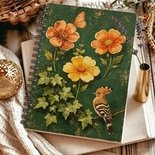 1pc A5 Back To School Notebook, Vintage Orange Flower & Hoopoe Bird Cover Notebook, Suitable For Back To School Planning, Study Records, Teaching Logs, Best Gift For Teachers, Students, Colleagues - A5 - View 4