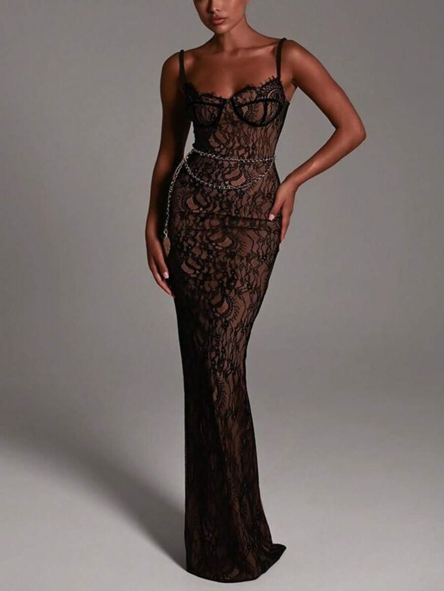 Vestido Largo Encaje Tirantes Hombros Descubiertos Ajustado Estilo Elegante Nueva Llegada - Negro - Ver 1