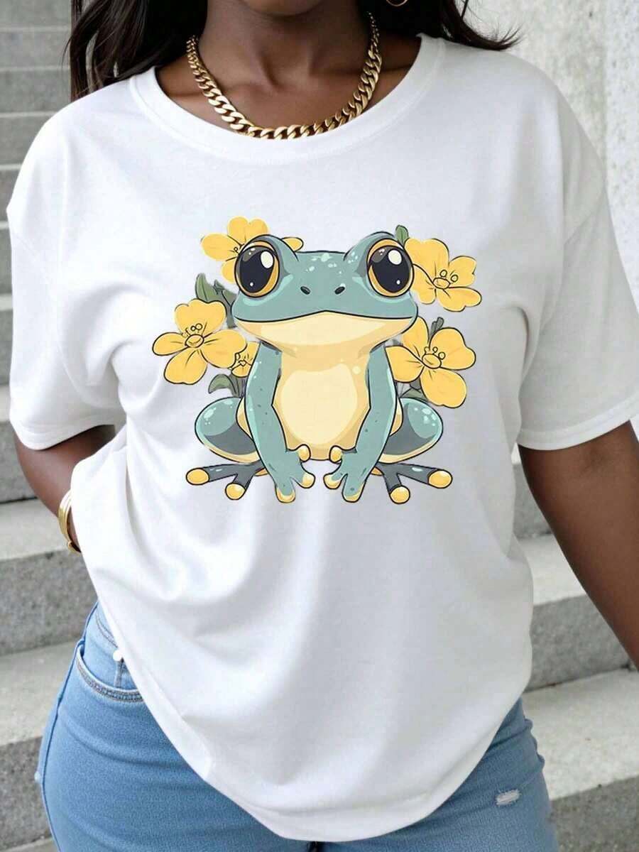 Women's Cute Frog And Yellow Flower Print T-Shirt, Summer Casual Wear, Animal Print Top, Gift For Nature Lovers, 100% Pure Cotton, Women's T-Shirt - 白色 - 查看 1