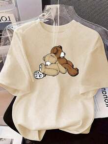 Camiseta casual de manga corta para mujer de talla grande, diseño de cuello redondo y manga corta, con estampado de oso adorable. Hecha de tela transpirable y lavable a máquina, adecuada para todas las estaciones. Camiseta cómoda, casual, de estilo vintage, de manga corta y cuello redondo, un imprescindible para el verano. 100% algodón. - Albaricoque - Ver 1