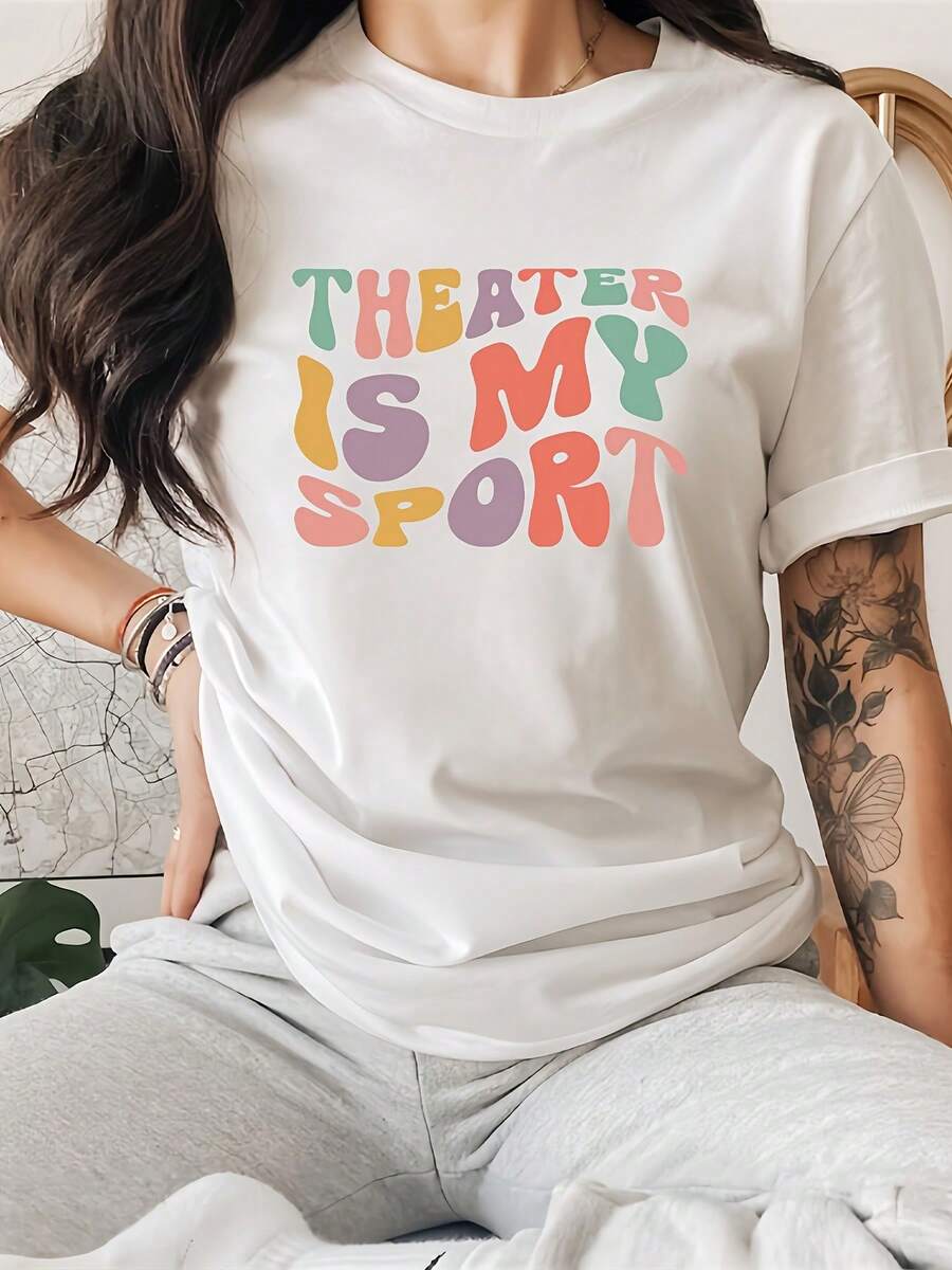 1 Women's Casual Short Sleeve T-Shirt, Printed With The Phrase "Theatre Is My Sport", Round Neck Summer T-Shirt, Sports Top In Various Sizes, 180g 100% Cotton. - 白色 - 查看 1