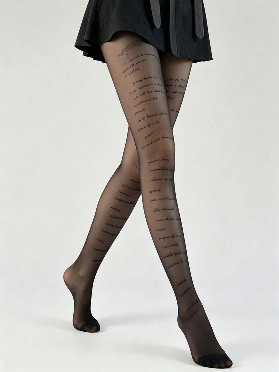 1 Pair Black Transparent Tights With English Letter Print, Sexy Elegant Bold Letter Pattern, Daily Wear Leggings - Multicolor - View 1