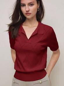 Nuevo suéter de primavera/verano con cuello polo verde, de punto de diamante y manga corta.Elegante y chic para el día a día en la ciudad.Versátil, romántico y con estilo retro de los 90.Adecuado para Navidad, Año Nuevo, San Valentín, fiestas, - Rojo - Ver 6
