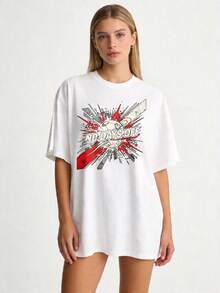 Women's Basic Crew Neck T-Shirt, Casual Urban Style, Sizes S-2XL | 100% Pure White With A "No Holidays" Print, Combined With A Dynamic Red And Gray Explosion Design. | Ideal For Spring And Summer Wear, A Perfect Gift For Mom, Family, And Best Friends. . - 白色 - 查看 6