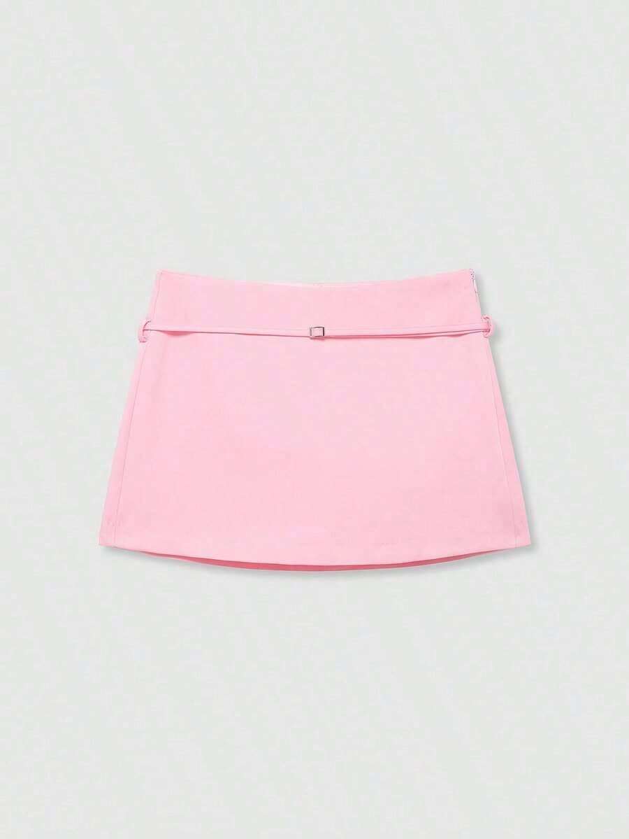 Falda pantalón blanca de verano con cinturón de cremallera de unicolor para mujer - Rosa - Ver 1