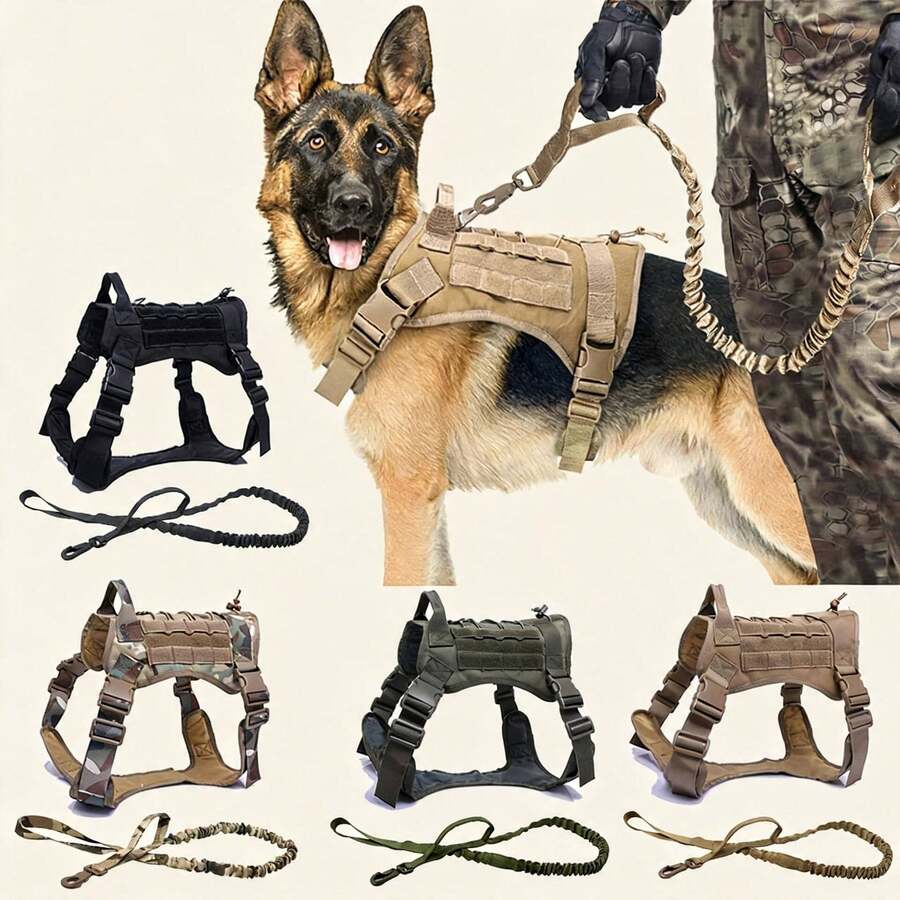 2 件套狗背带和牵引绳套装，带手柄的 Molle 背心，适用于工作犬，带钩环面板，适合小型、中型、大型犬散步、远足训练